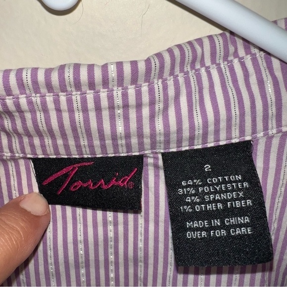 Torrid Lavender and White Thin Striped Cap ruffle Sleeved Button Down Blouse 2 - Picture 4 of 8
